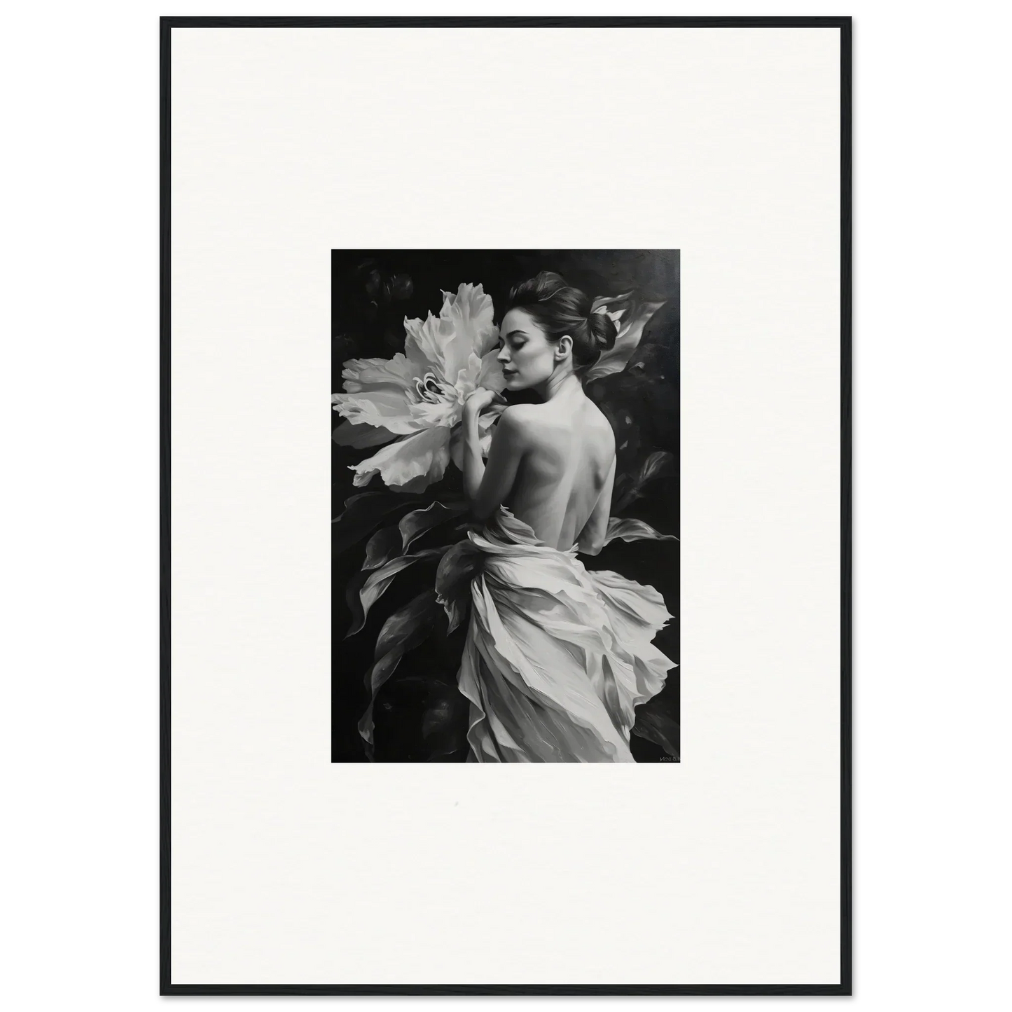 Black and white photo of a woman with bare shoulders and a flower, whispering dream echoes