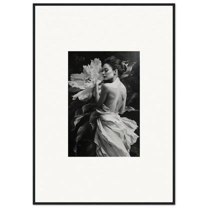 Black and white photo of a woman with bare shoulders and a flower, whispering dream echoes