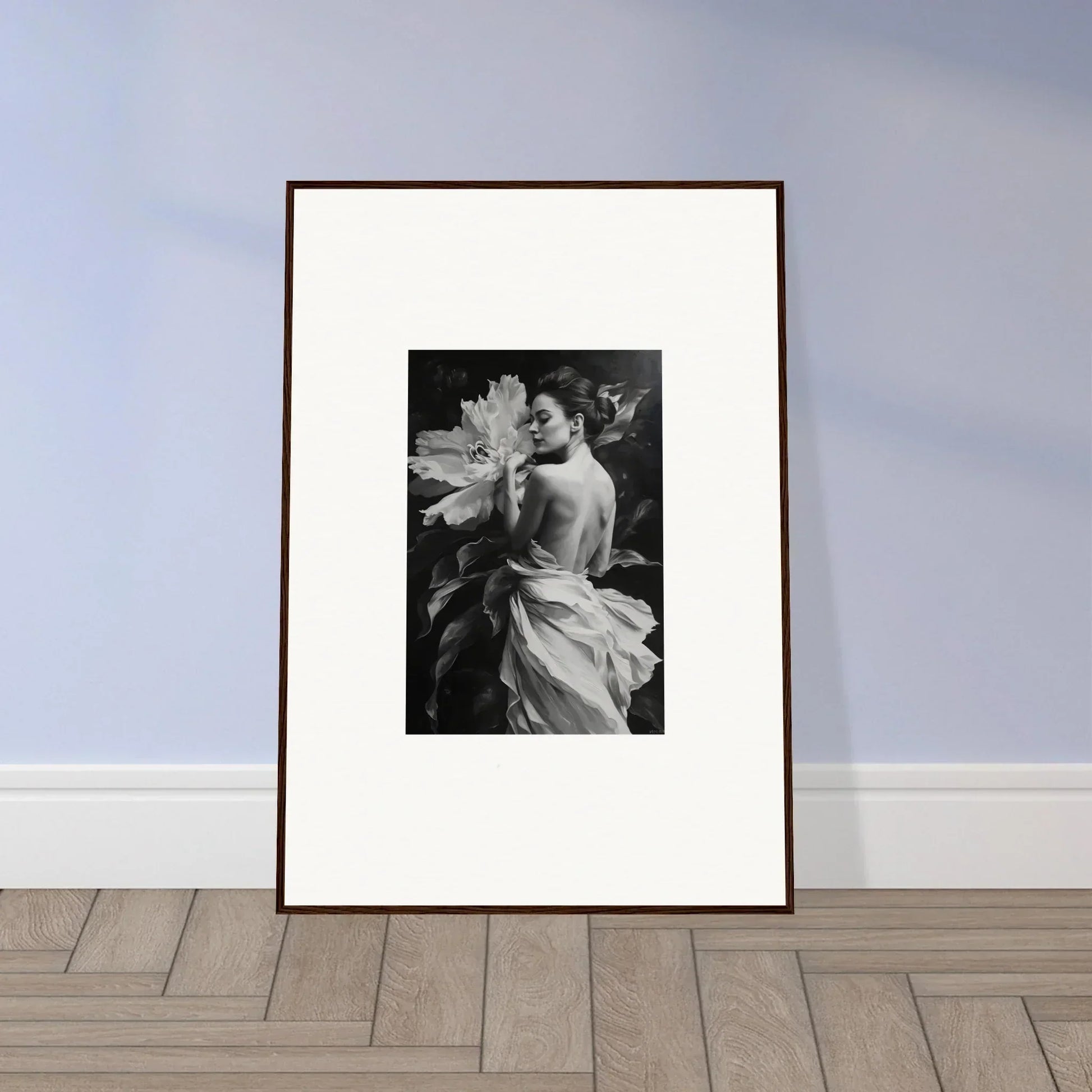 Framed black and white photo of a person with a flower, part of Whispering Dream Echoes