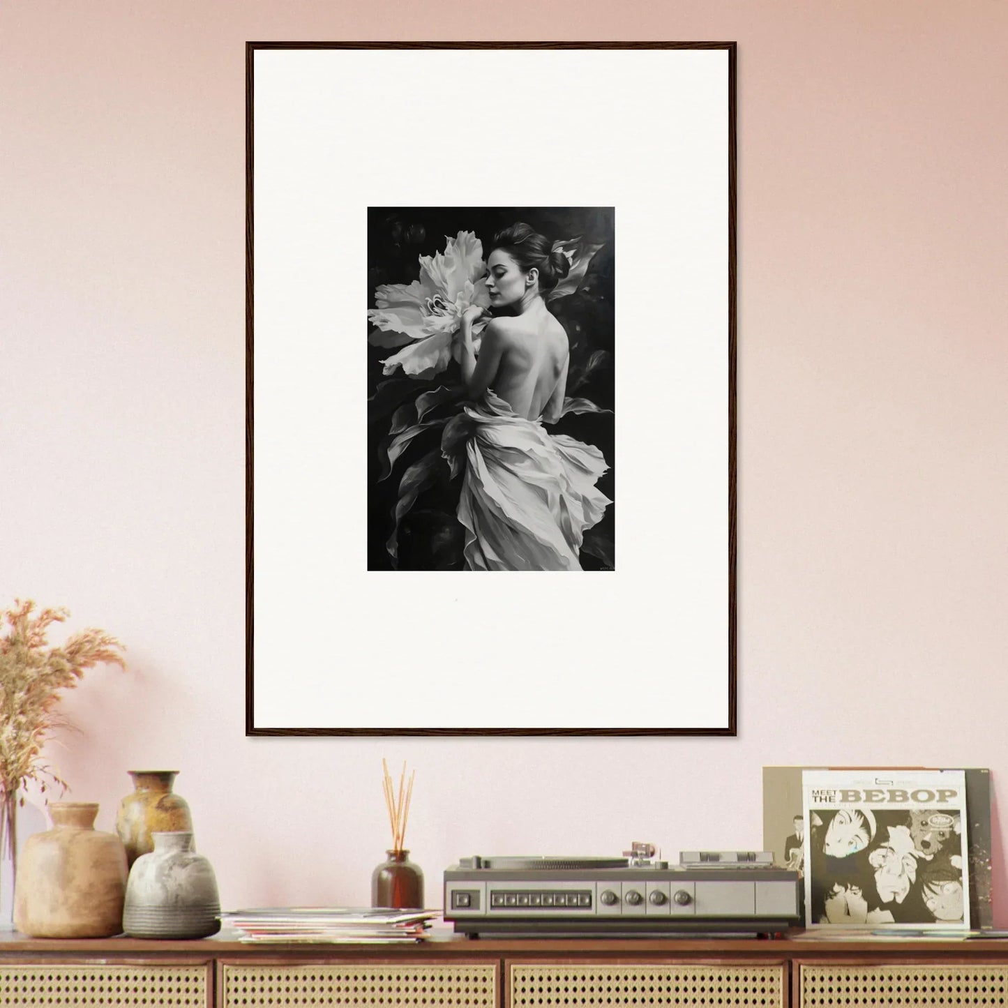 Framed black and white photo of a person with a large flower from Whispering Dream Echoes