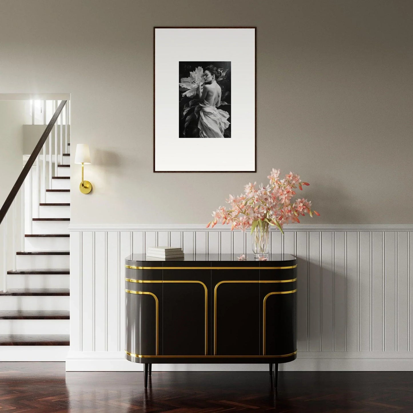 Elegant black and gold sideboard with curves and trim in Whispering Dream Echoes