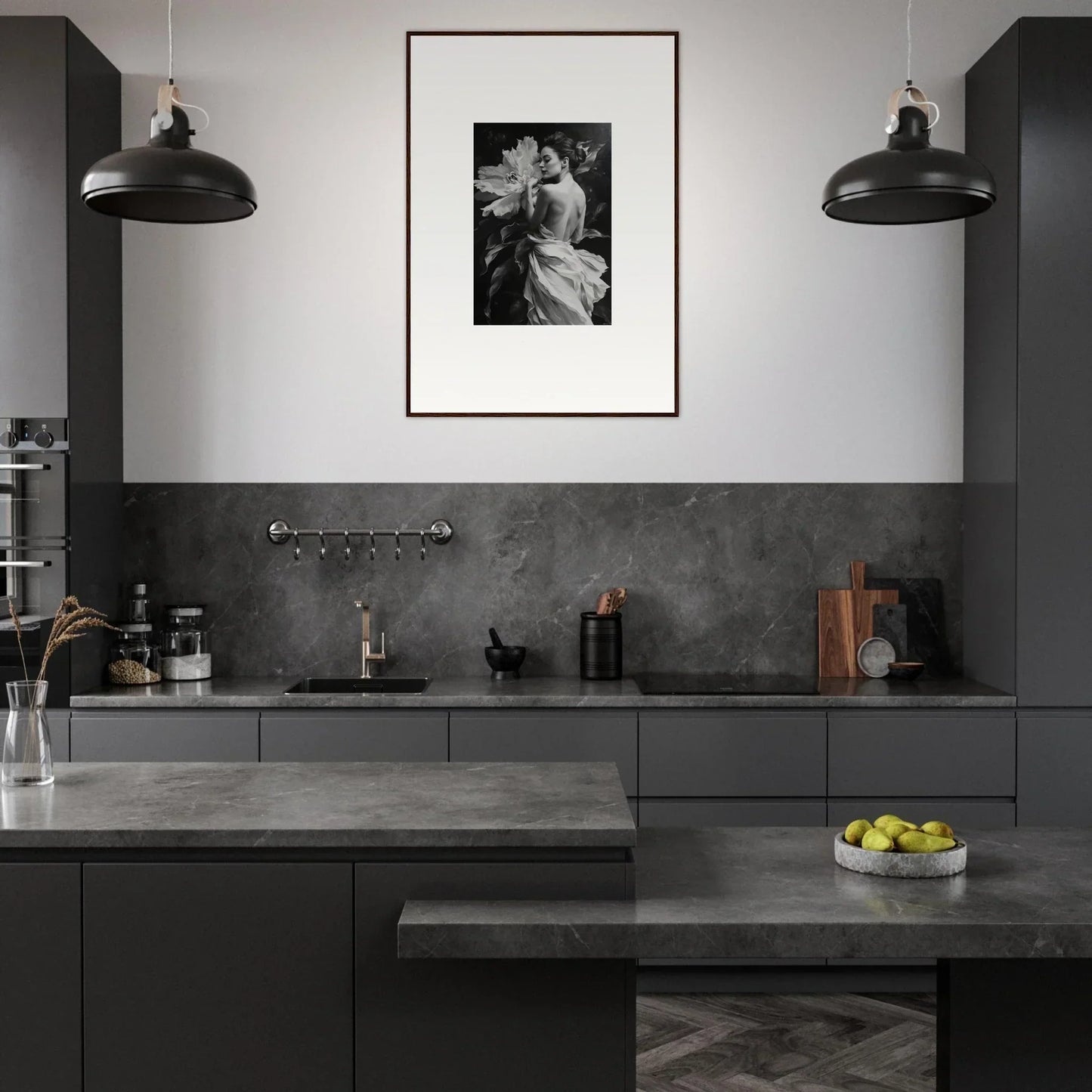 Modern monochromatic kitchen with dark cabinetry and Whispering Dream Echoes artwork