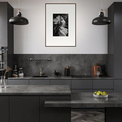 Modern monochromatic kitchen with dark cabinetry and Whispering Dream Echoes artwork