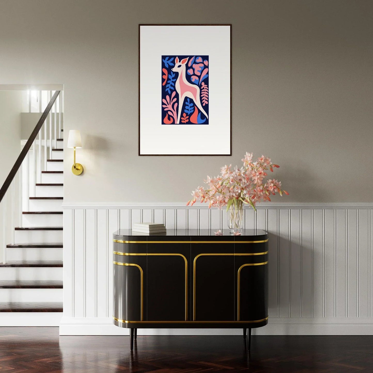 Framed wall art with a pink figure and blue floral motifs for chic room decor