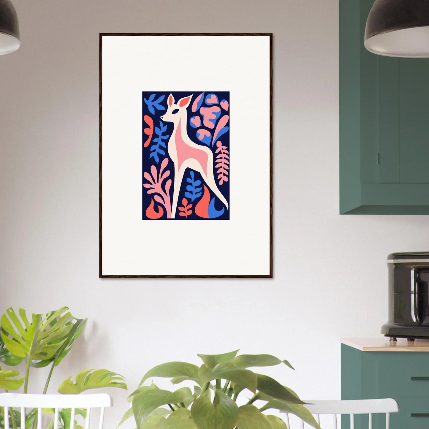 Framed wall art featuring a white deer in fawn flora and colorful floral patterns