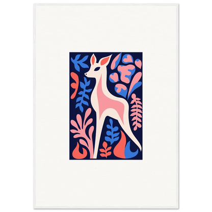 Stylized pink deer with colorful flowers perfect for fawn flora room decor framed wall art