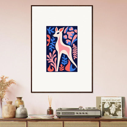 Framed wall art of Dream Fawn Flora features a pink deer with floral elements