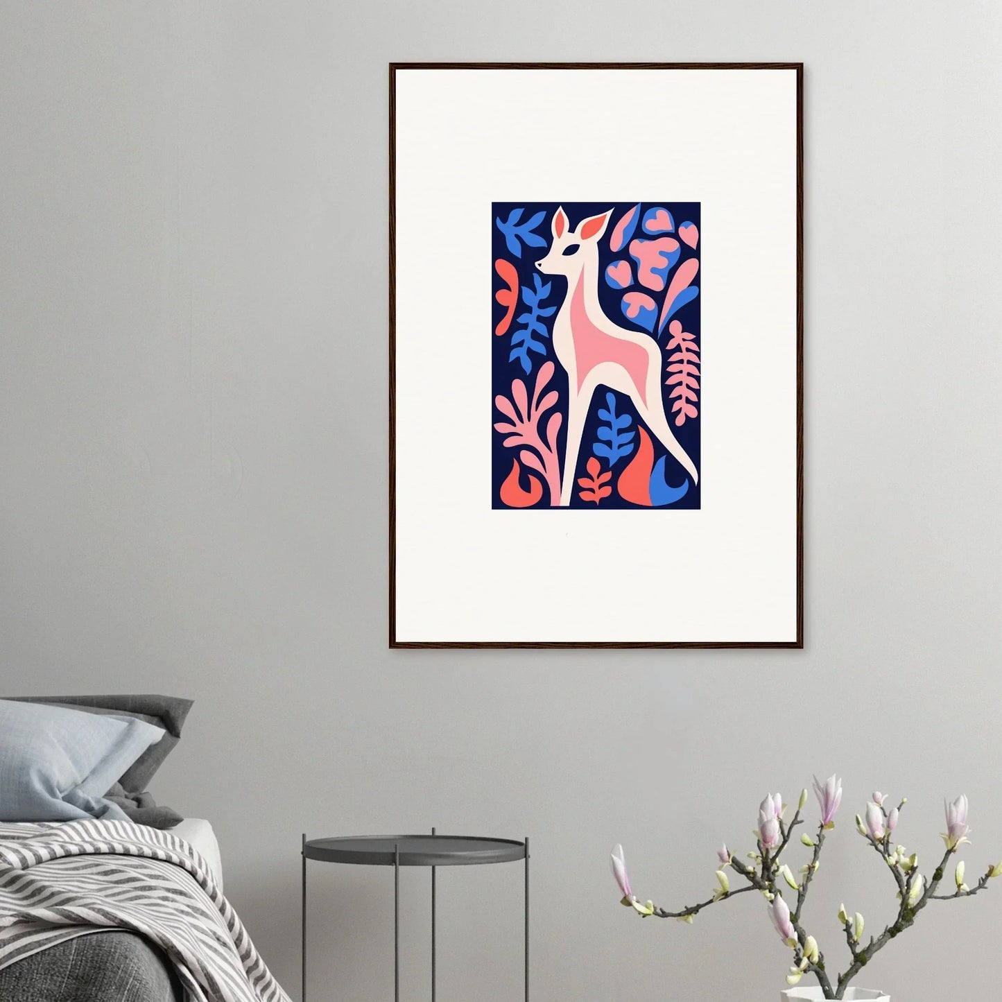 Stylized pink deer amidst vibrant floral shapes, ideal for fawn flora room decor