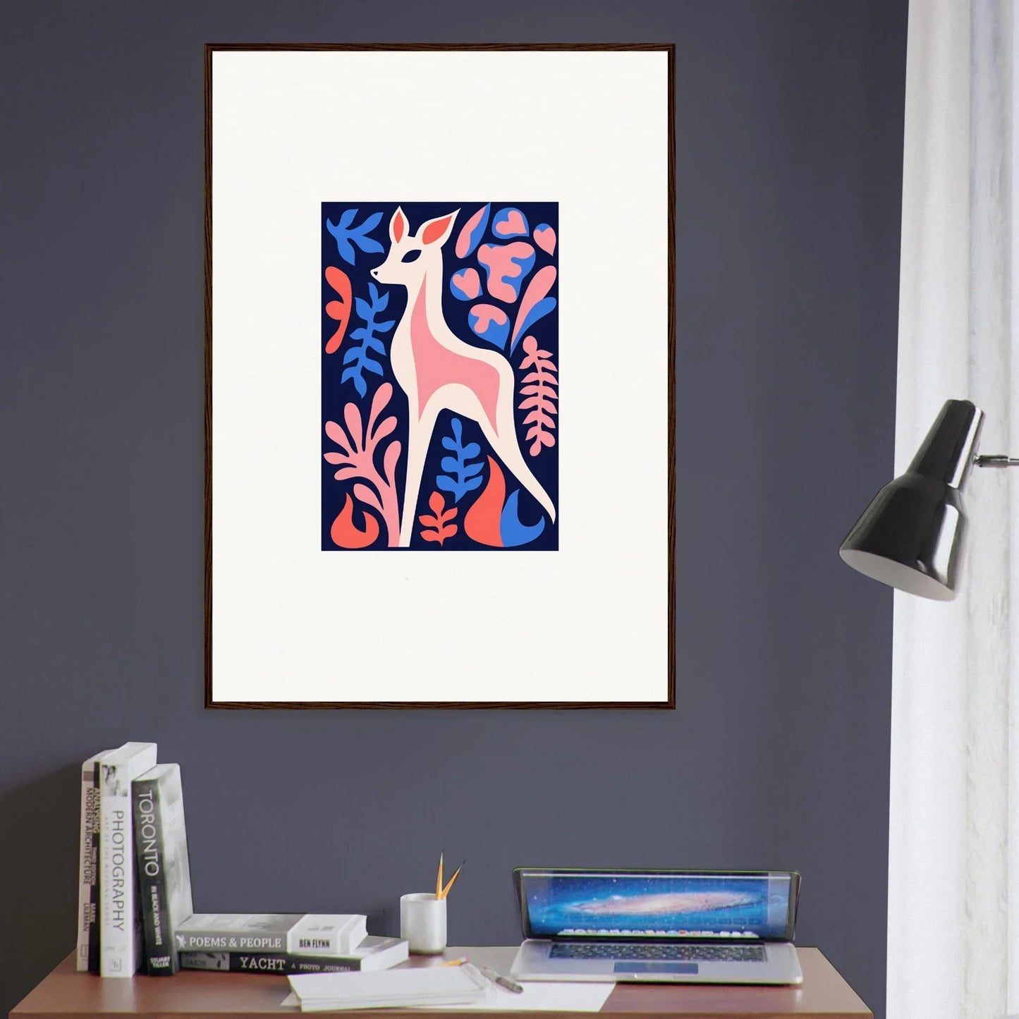 Framed wall art of a white deer in fawn flora on a dark blue background