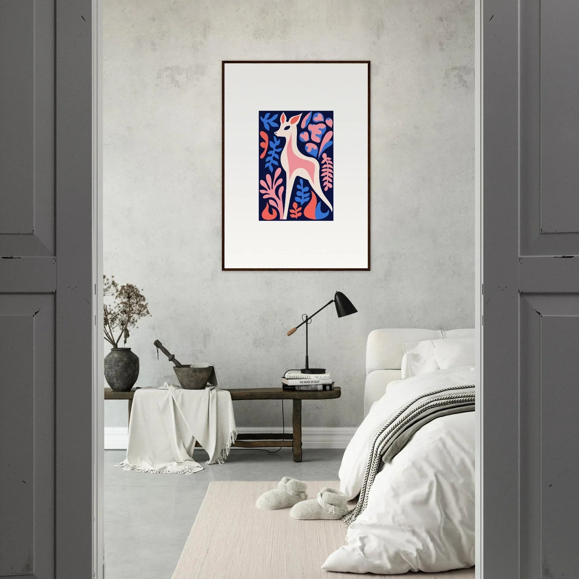 Framed wall art of pink figure on blue; perfect fawn flora room decor accent