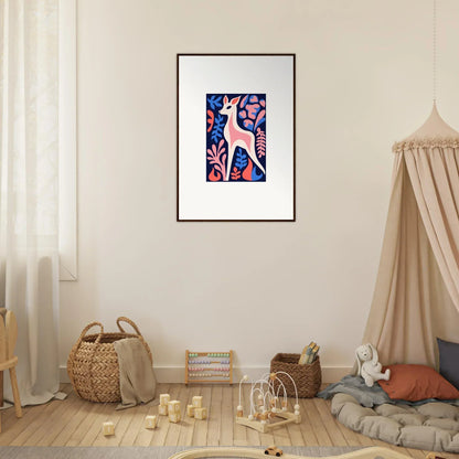 Framed wall art of a pink fawn flora among colorful abstract shapes for room decor