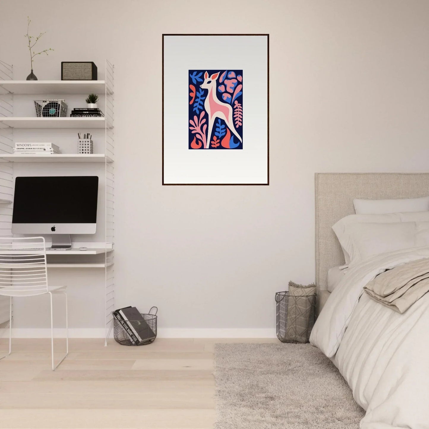 Framed wall art of a pink fawn flora against a vibrant abstract background