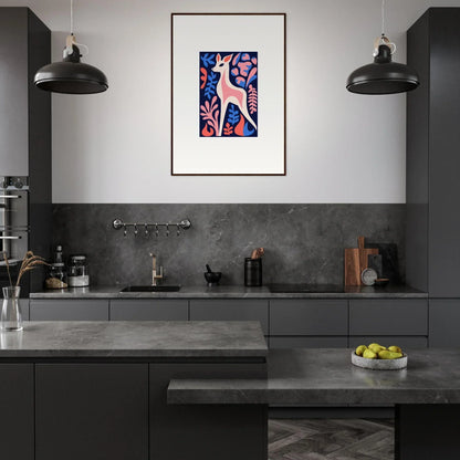 Modern kitchen with dark cabinetry and vibrant Fawn Flora framed wall art