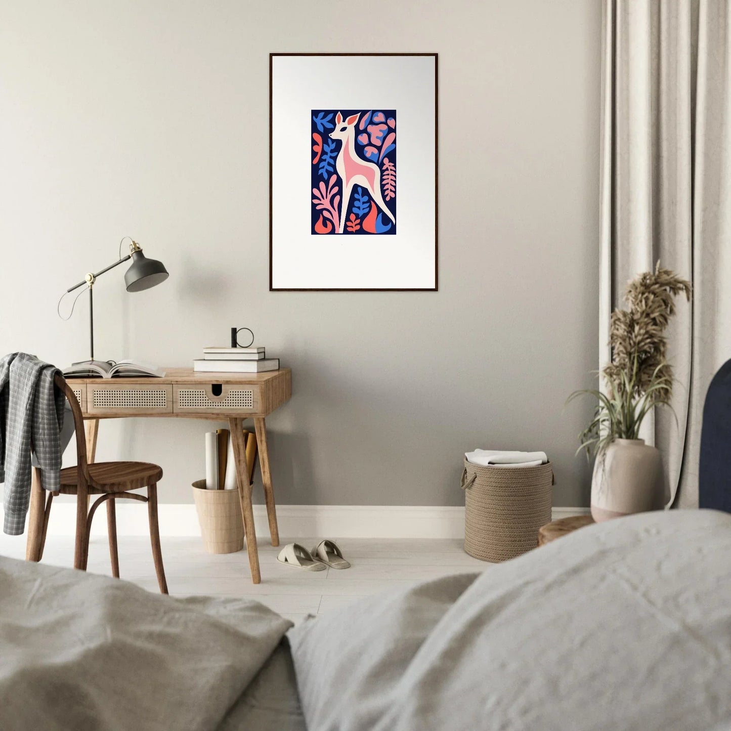 Framed wall art of pink and blue shapes, perfect for Fawn Flora room decor