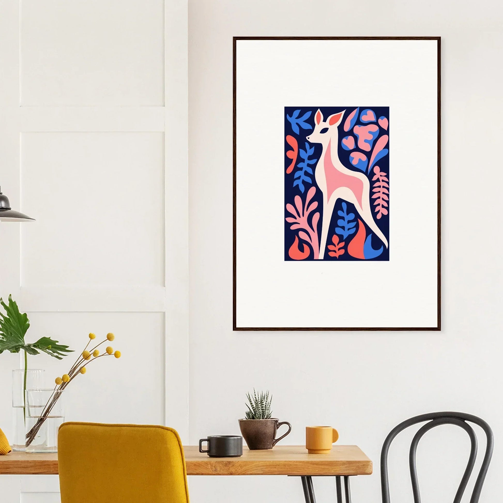 Framed wall art of a fawn flora design surrounded by vibrant floral patterns