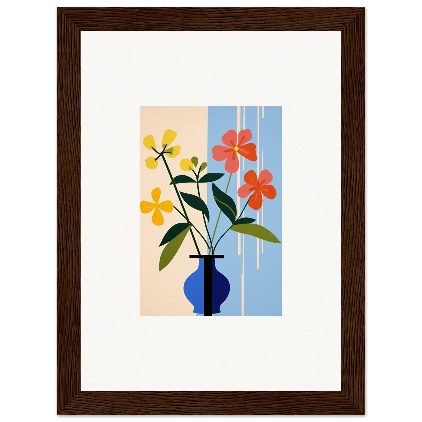 Framed wall art featuring colorful Petalscapes Bloom floral arrangement in blue vase