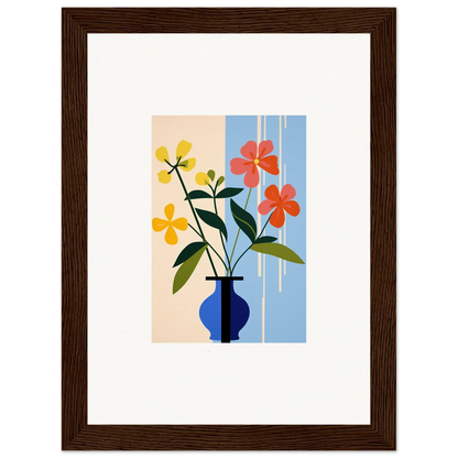 Framed wall art featuring colorful Petalscapes Bloom floral arrangement in blue vase