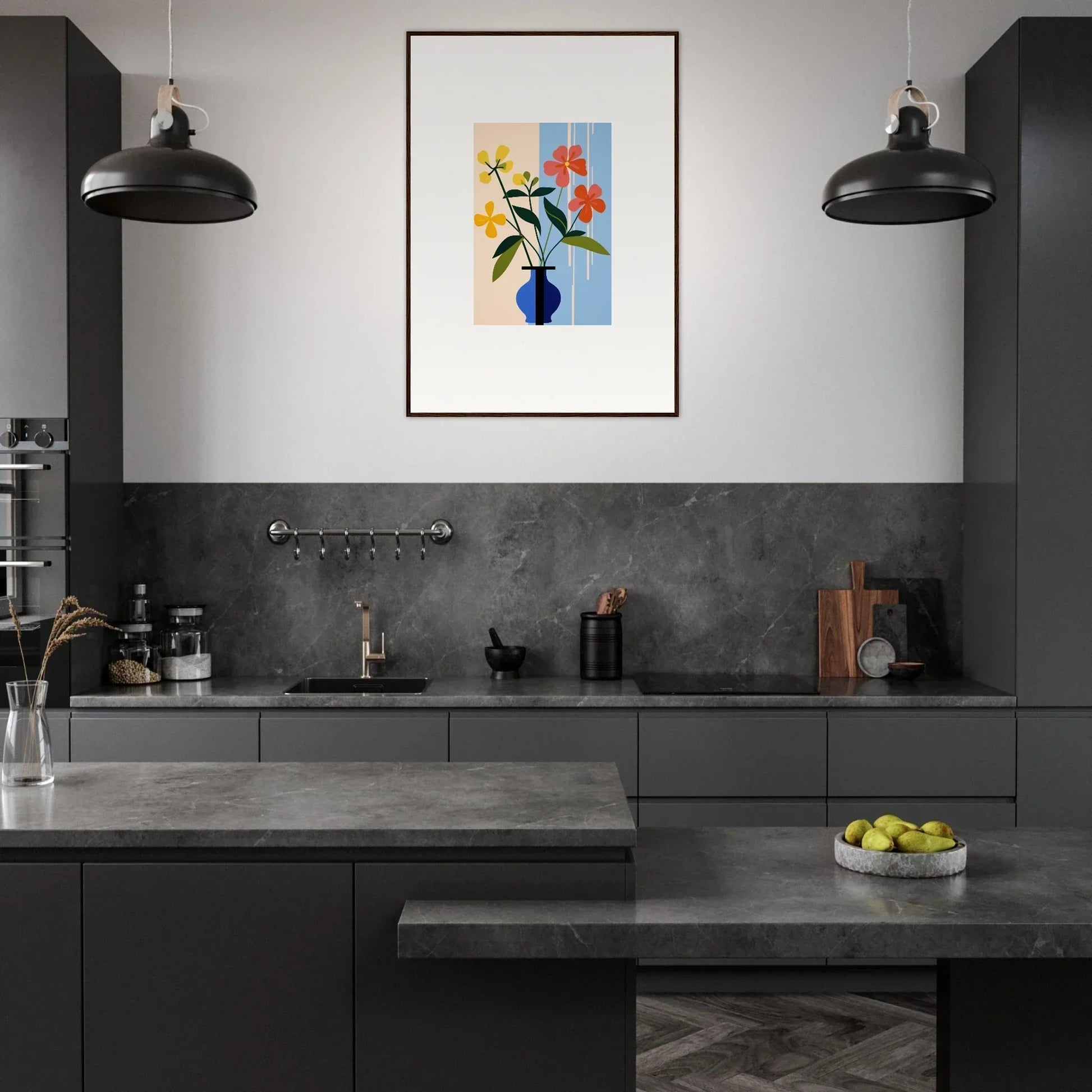 Modern kitchen with dark cabinetry, concrete countertops, and framed wall art for Petalscapes Bloom