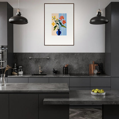 Modern kitchen with dark cabinetry, concrete countertops, and framed wall art for Petalscapes Bloom