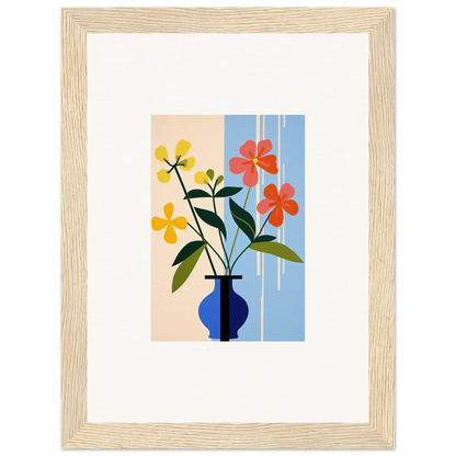 Framed wall art of colorful petalscapes bloom in a blue vase for vibrant room decor