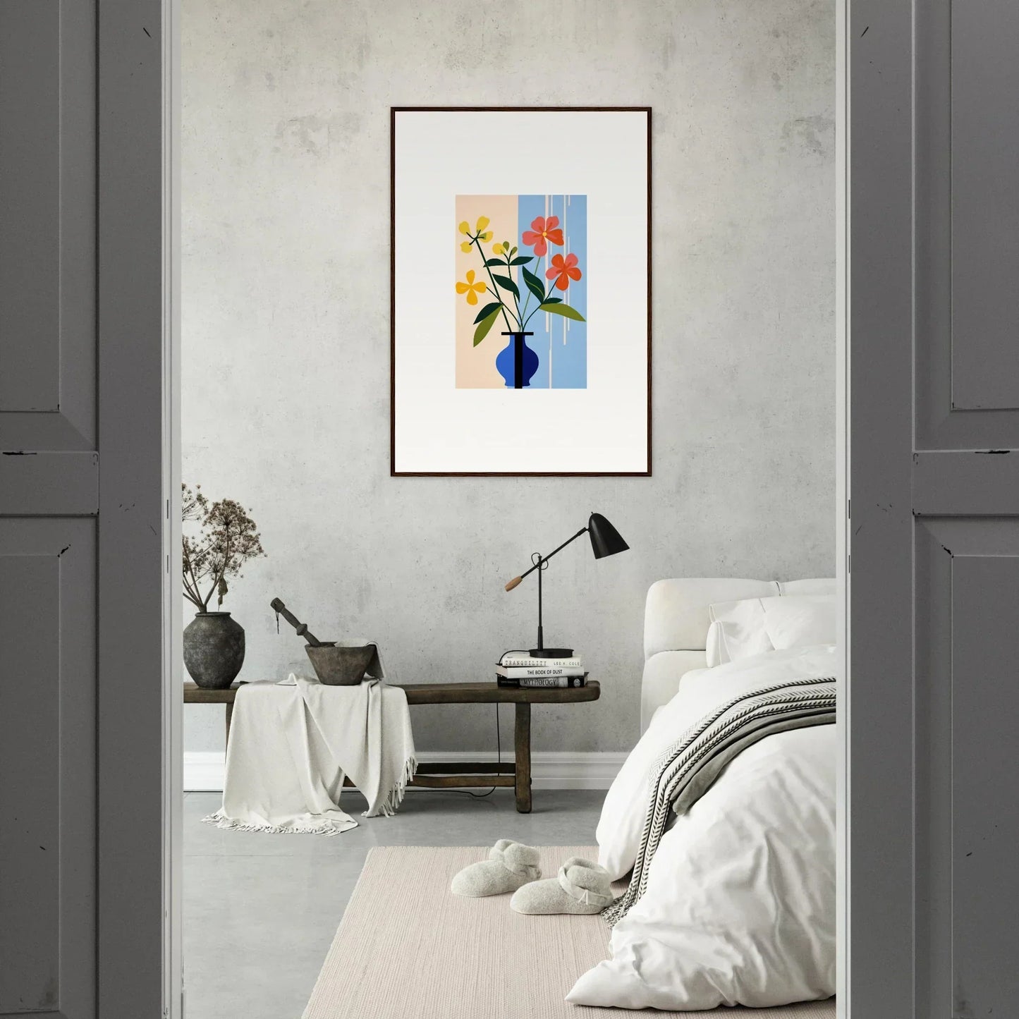 Framed wall art of flowers in a blue vase, perfect for Petalscapes Bloom room decor