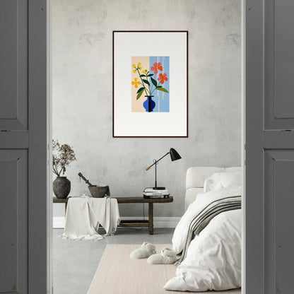 Framed wall art of flowers in a blue vase, perfect for Petalscapes Bloom room decor