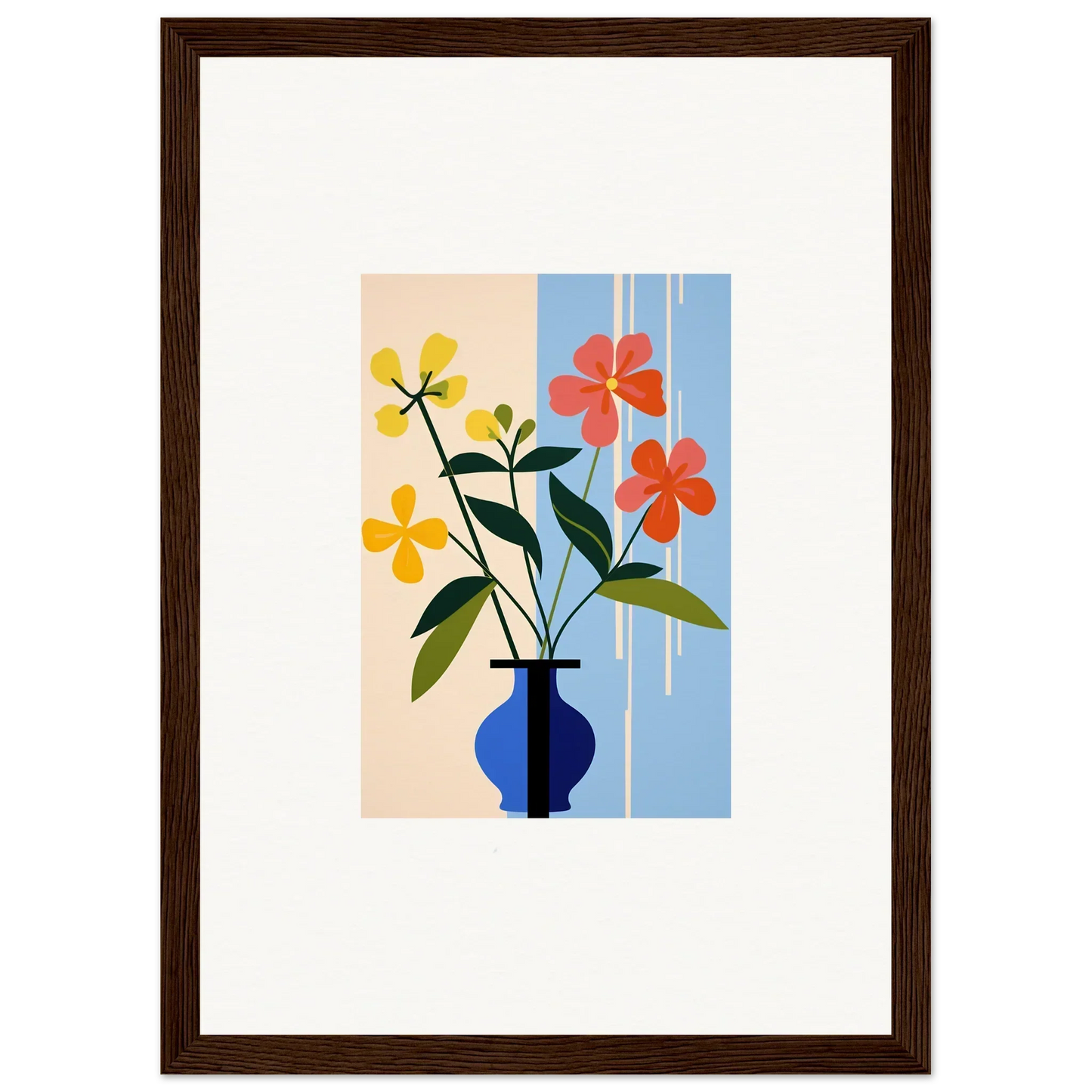 Framed wall art featuring colorful petalscapes bloom in a blue vase for stylish room decor