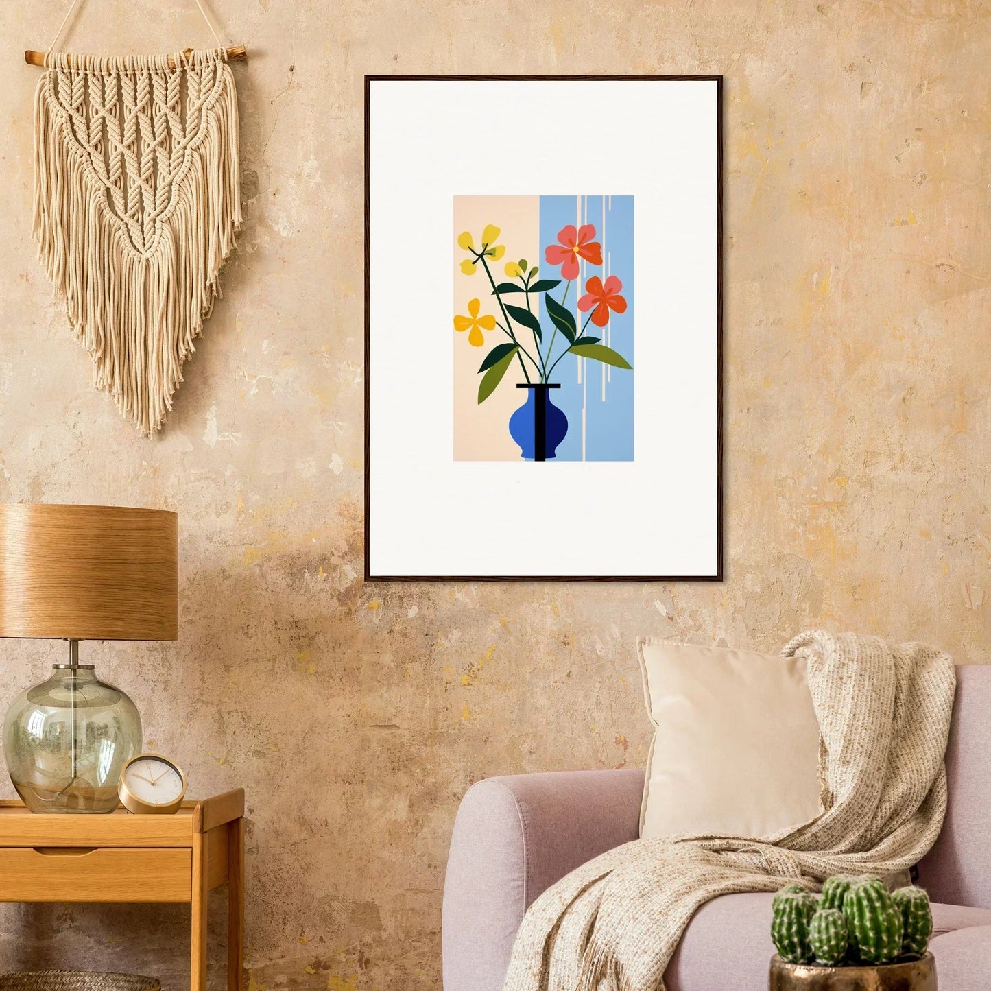 Framed wall art of colorful flowers in a blue vase, perfect for room decor and Petalscapes Bloom