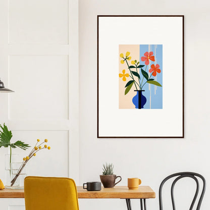 Framed wall art of colorful flowers in a blue vase, perfect for Petalscapes Bloom room decor