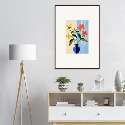 Framed wall art of colorful flowers in a blue vase for stylish room decor