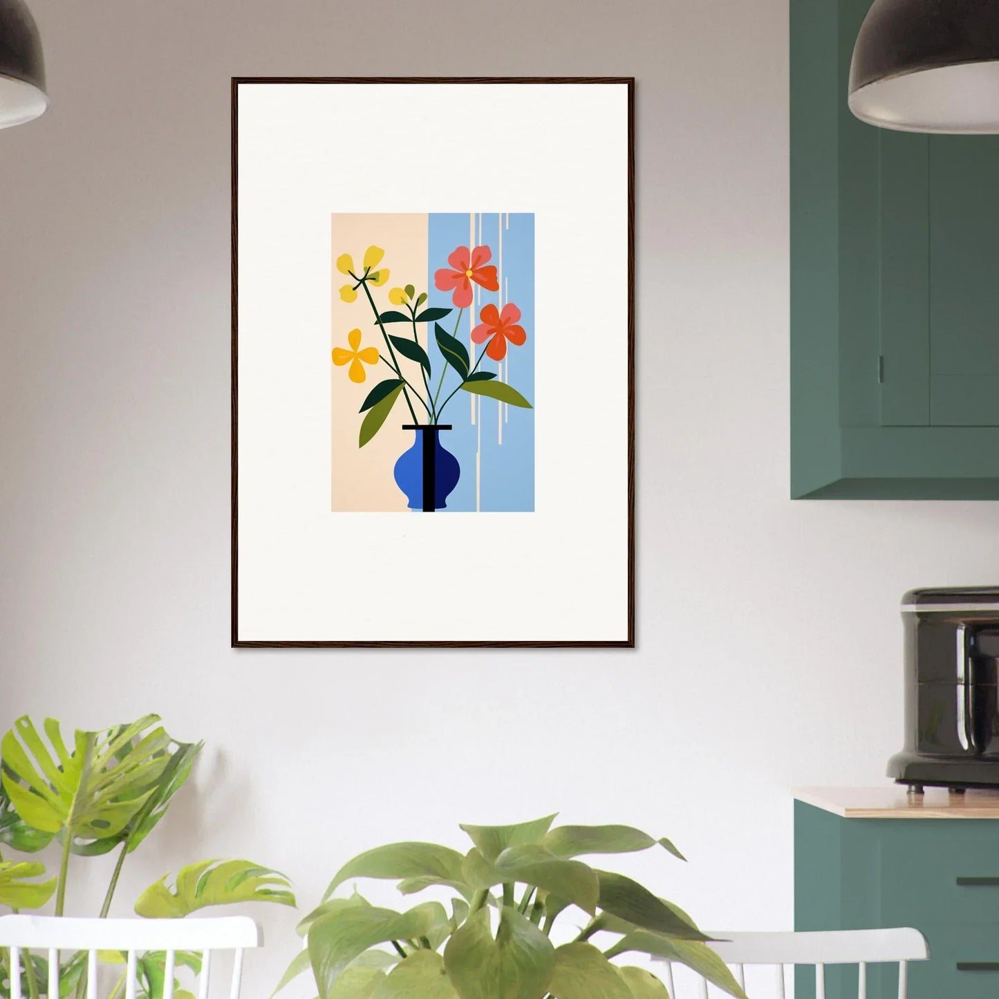 Framed wall art of colorful flowers in a blue vase for vibrant room decor