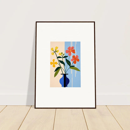 Framed wall art featuring Petalscapes Bloom with colorful flowers in a blue vase