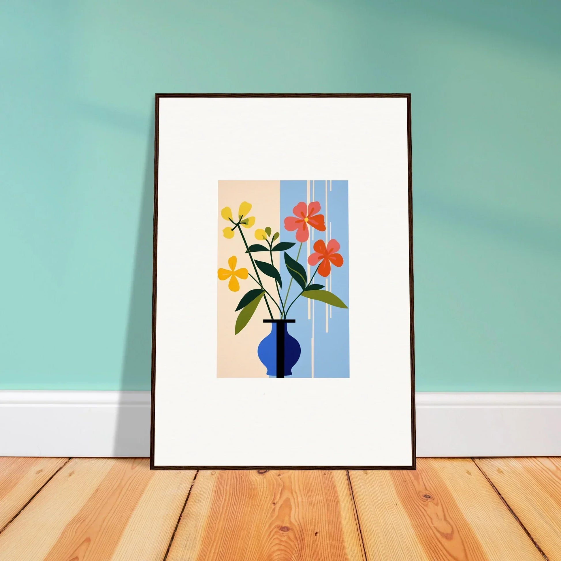 Framed wall art of colorful flowers in a blue vase for vibrant room decor