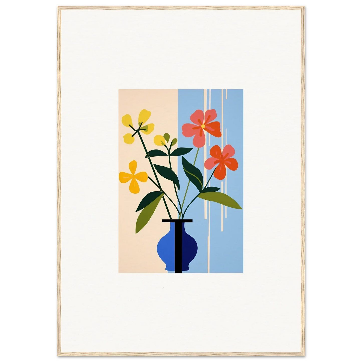 Framed wall art of colorful floral petalscapes bloom in a blue vase for room decor