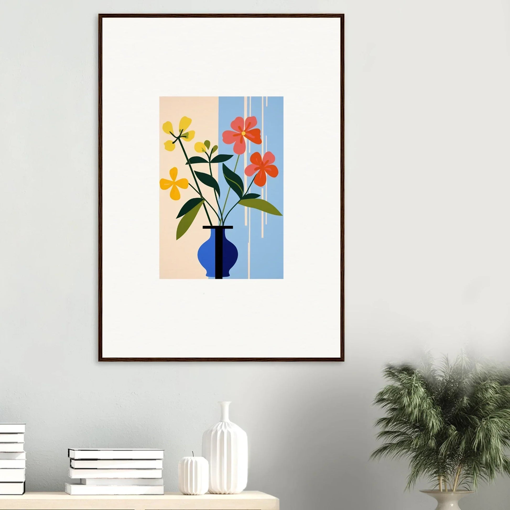 Framed wall art of colorful petalscapes bloom in blue vase for vibrant room decor