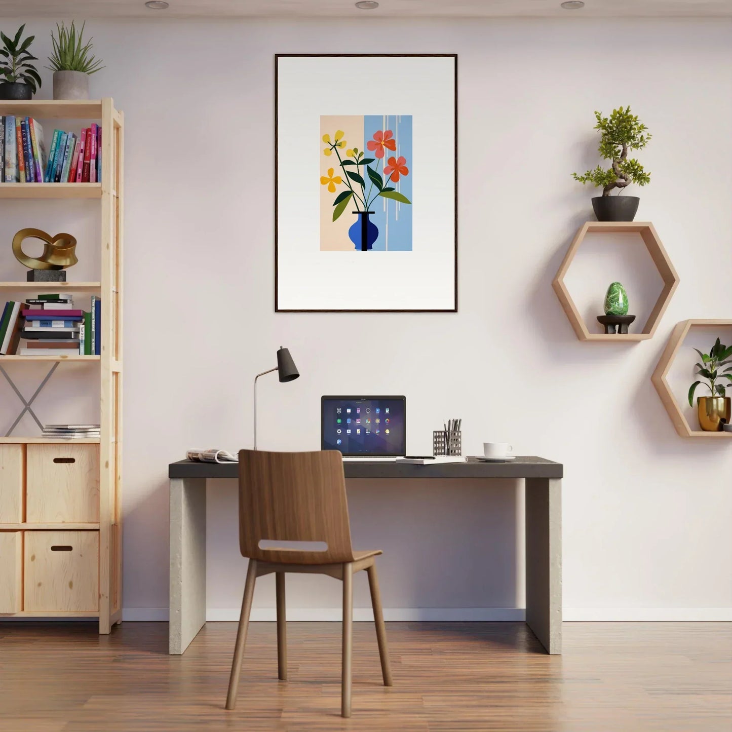 Home office workspace featuring Petalscapes Bloom wall art and stylish decor