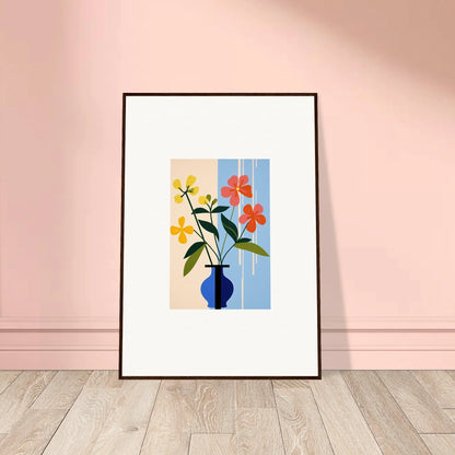 Framed wall art of colorful flowers in a blue vase for vibrant room decor