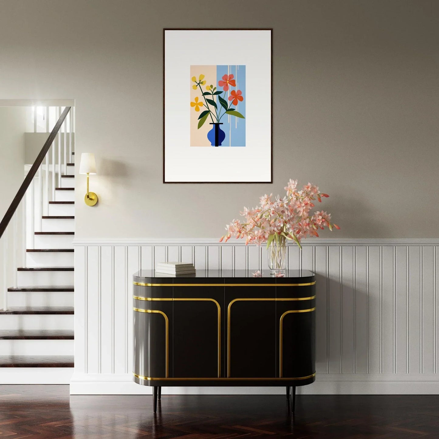 Elegant black sideboard with gold trim enhancing Petalscapes Bloom room decor