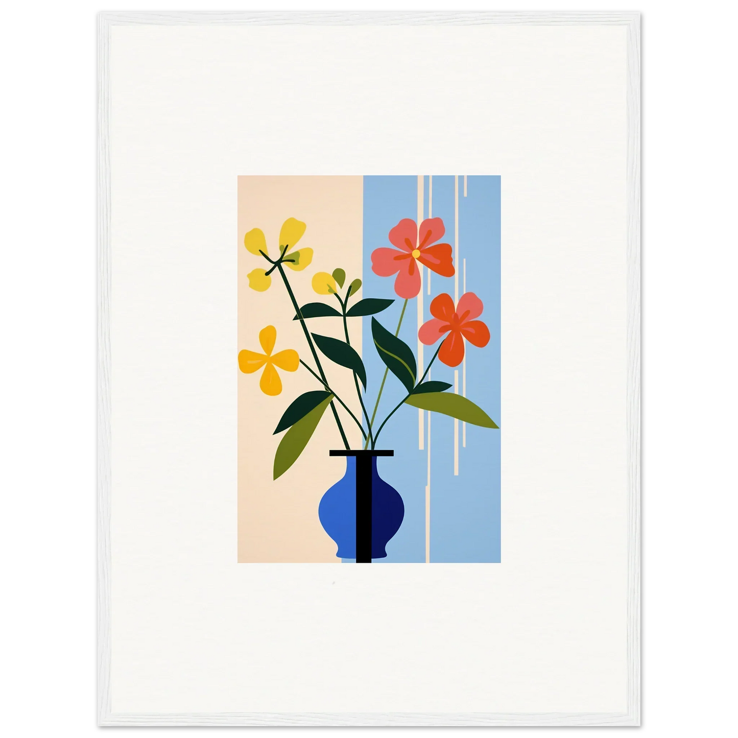 Colorful floral illustration of yellow and orange flowers in a blue vase for Petalscapes Bloom room decor