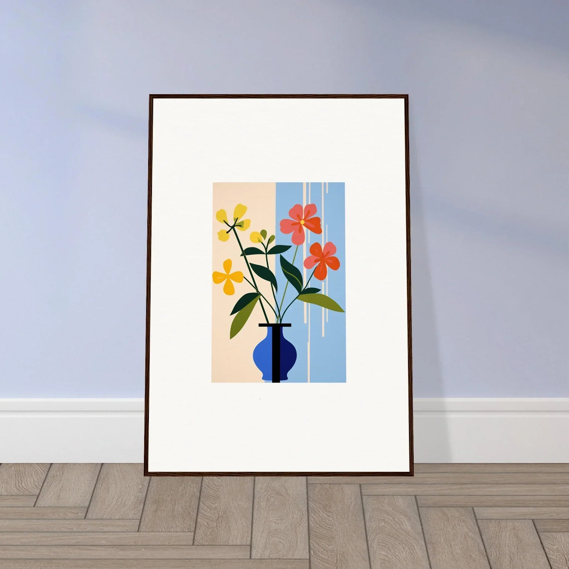 Framed wall art of colorful flowers in a blue vase for stylish room decor