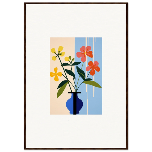 Framed wall art of colorful flowers in a blue vase for vibrant room decor