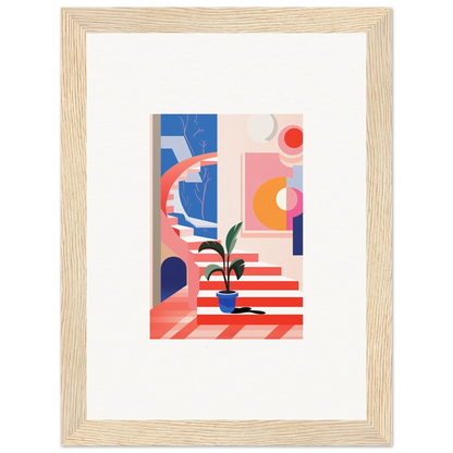 Framed canvas print of vibrant geometric art with a potted plant for trendy room decoration