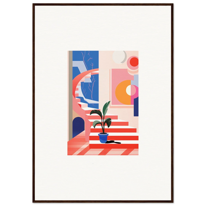 Abstract geometric canvas print with colorful shapes and a potted plant for quantum gardens