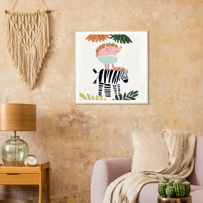 Whimsical Dream-Zebra Frolic artwork featuring a zebra, tropical leaves, and a flamingo