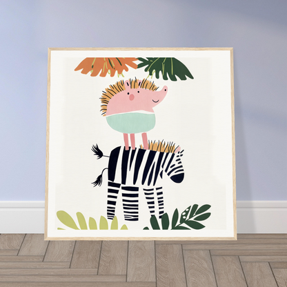 Whimsical illustration of a pink hedgehog on a zebra from Dream-Zebra Frolic special edition