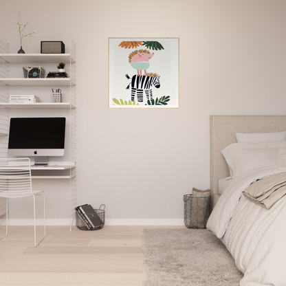 Modern bedroom featuring Dream-Zebra Frolic artwork and a stylish workstation