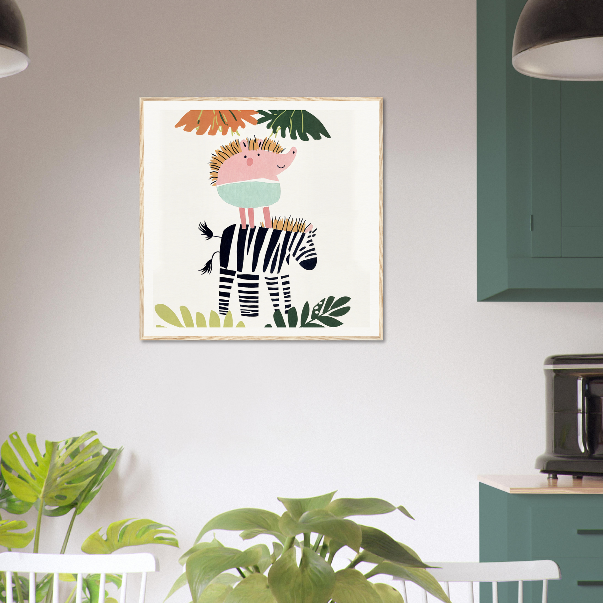 Framed special edition art of a whimsical zebra among tropical leaves, Dream-Zebra Frolic