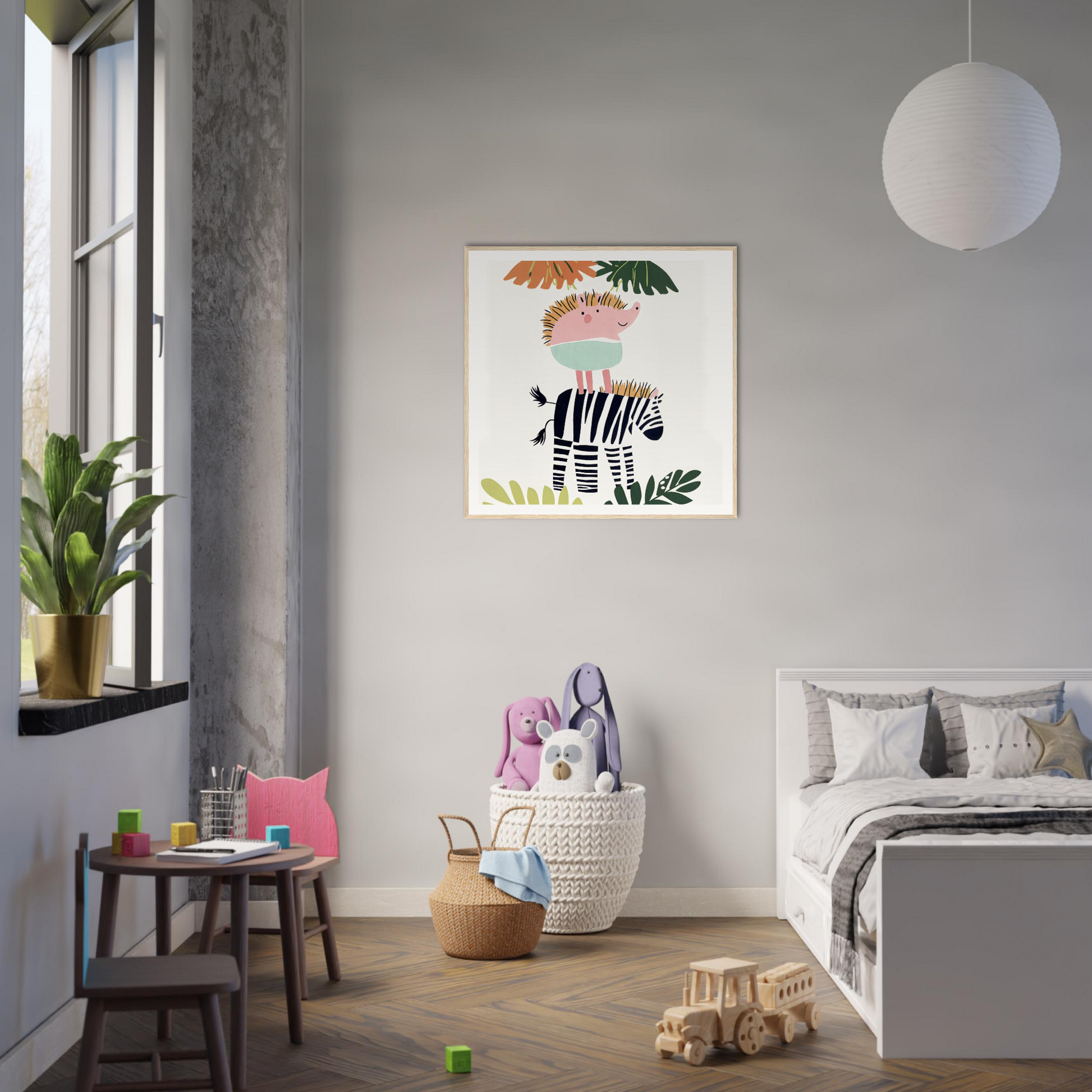 Modern children’s bedroom featuring Dream-Zebra Frolic special edition art on gray wall