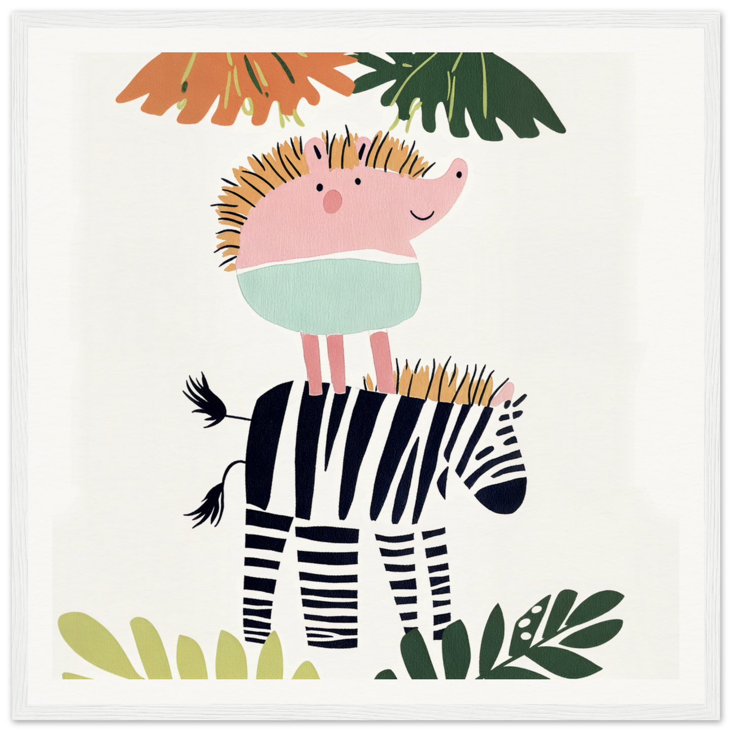 Pink hedgehog atop a striped zebra in special edition art for Dream-Zebra Frolic