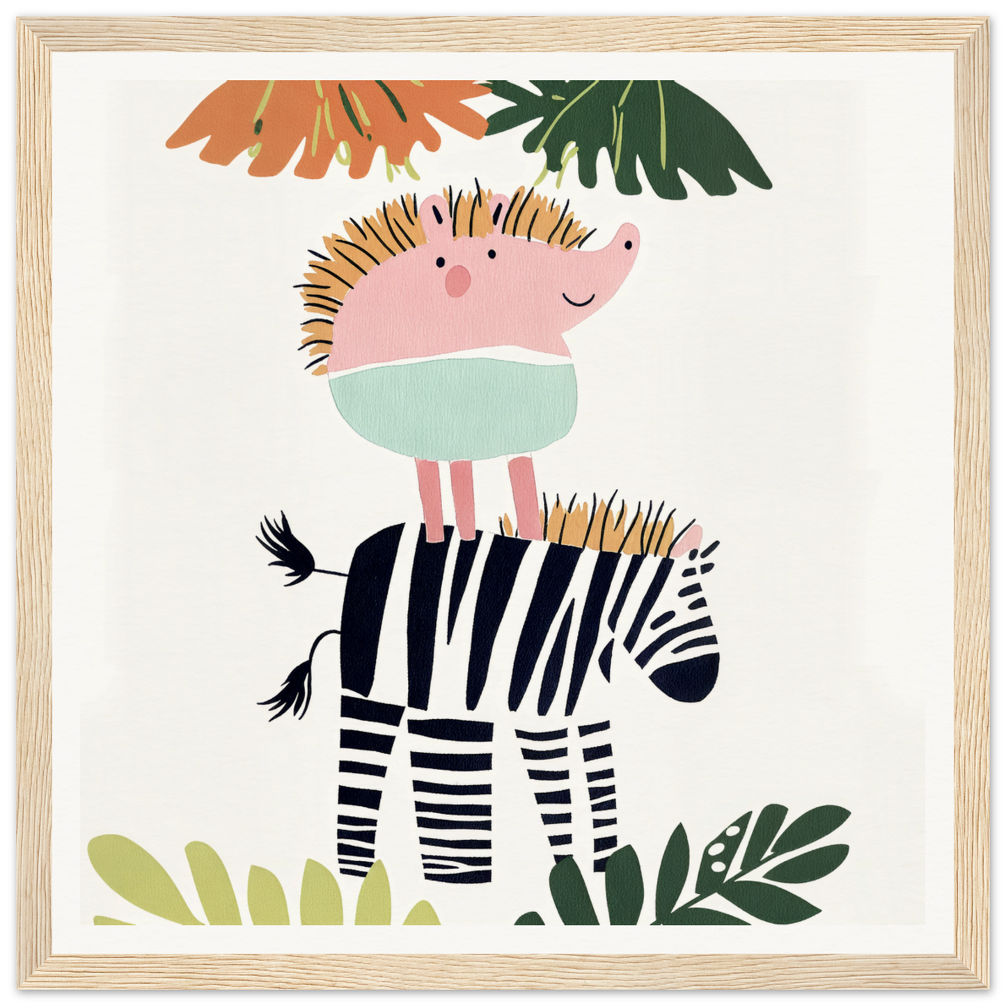 Pink hedgehog in mint green atop zebra in special edition Dream-Zebra Frolic art